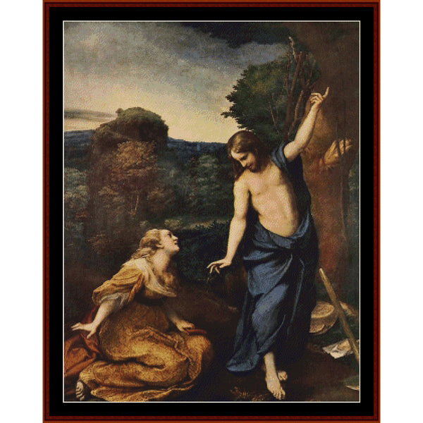 Counted Cross Stitch Pattern: Noli Me Tangere by Correggio - Cross Stitch Collectibles - A framed classical painting depicting a biblical scene with a standing figure in blue drapery and a kneeling figure in brown and gold robes, surrounded by trees and a landscape.