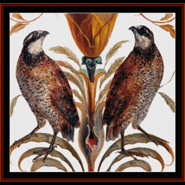 Counted Cross Stitch Pattern: Northern Bobwhite - Cross Stitch Collectibles - A framed decorative artwork showing two brown and gray birds perched on a stylized floral stem with leaves, set against a white background
