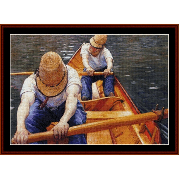 Counted Cross Stitch Pattern: Oarsmen by Gustave Caillebotte - Cross Stitch Collectibles - A framed art print depicting two men rowing in a wooden boat on dark water