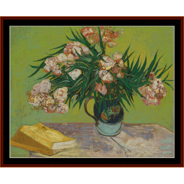 Counted Cross Stitch Pattern: Oleanders by Vincent Van Gogh - Cross Stitch Collectibles - A framed still life painting featuring a bouquet of pale pink and white flowers with green leaves in a blue-green vase, set against a yellow-green background, with a yellow book on a table.