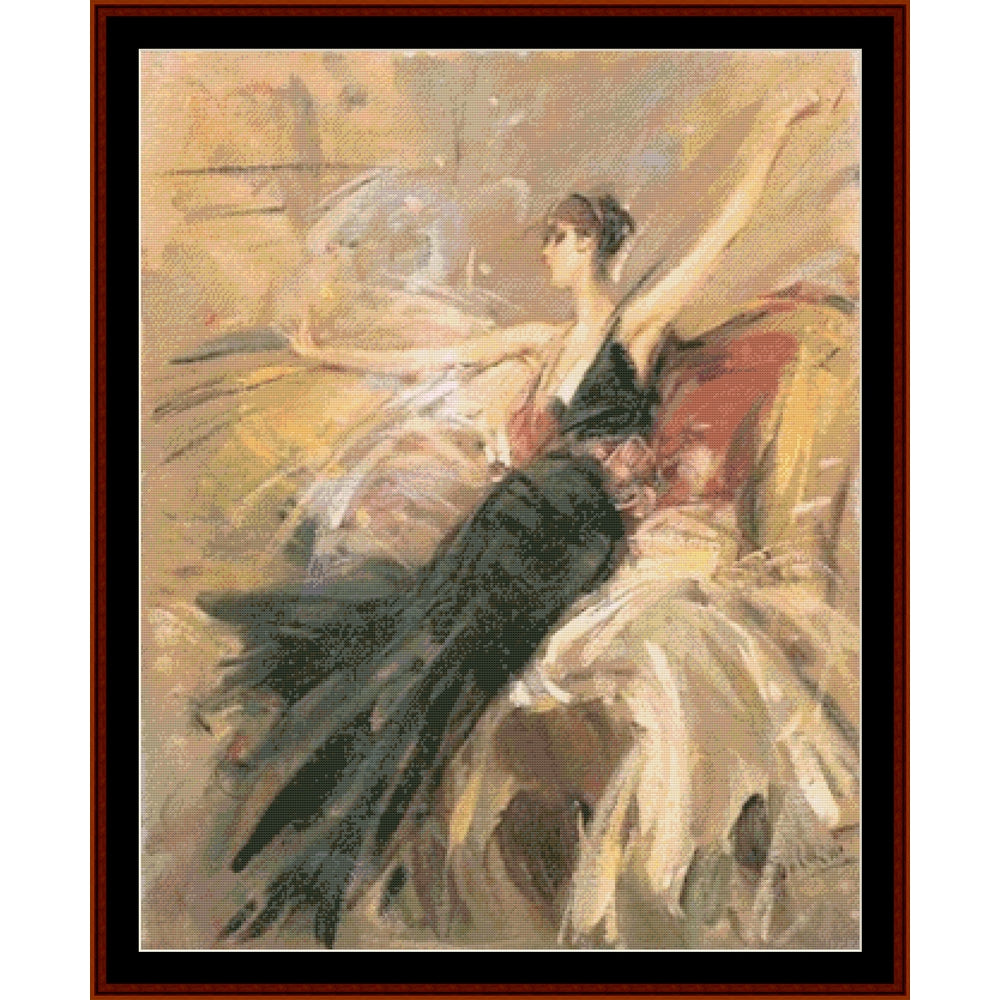 Counted Cross Stitch Pattern: On the Sofa by Giovanni Boldini - Cross Stitch Collectibles - A framed impressionist-style painting of a seated woman in a black dress with flowing cream and red drapery against a warm beige background.