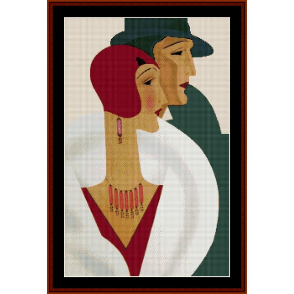 Counted Cross Stitch Pattern: On the Town, Vintage Poster - Cross Stitch Collectibles - A framed art print featuring a stylized 1920s flapper couple portrait. The woman in the foreground wears a red head covering and red dress, with a pink necklace, while the man behind her wears a dark green hat and coat.