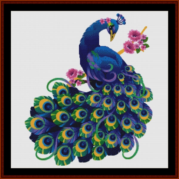Counted Cross Stitch Pattern: Once Upon a Peacock, Fantasy - Cross Stitch Collectibles - A framed cross-stitch style peacock artwork with a blue and purple peacock, green and yellow feather eyes, pink flowers