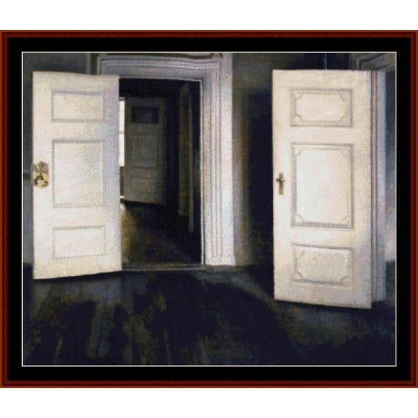 Counted Cross Stitch Pattern: Open Doors, 1905 by Vilhelm Hammershoi - Cross Stitch Collectibles - A framed art print depicting two white paneled doors in a dimly lit room, with one door open to reveal a dark hallway and the other standing closed