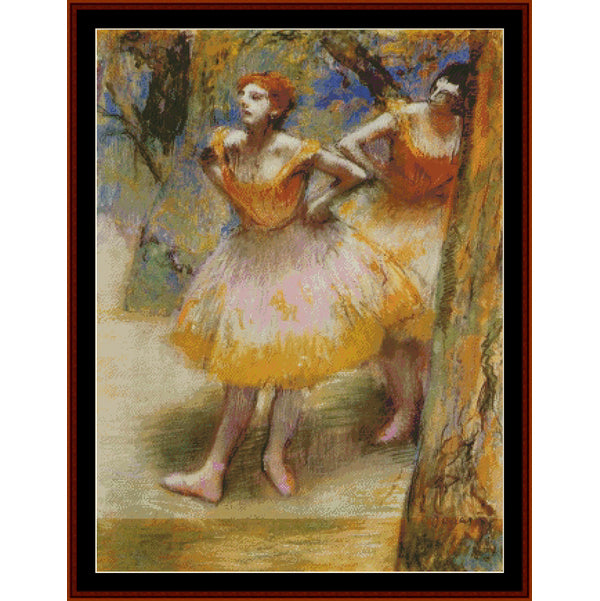 Counted Cross Stitch Pattern: Orange Ballet Dresses by Edgar Degas - Cross Stitch Collectibles - Framed impressionist-style artwork showing two ballerinas in warm yellow and peach tones