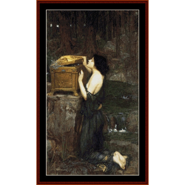 Counted Cross Stitch Pattern: Pandora, 1898 by J.W. Waterhouse - Cross Stitch Collectibles - A framed art print featuring a dark, moody painting of a woman kneeling beside a stone chest in a forest