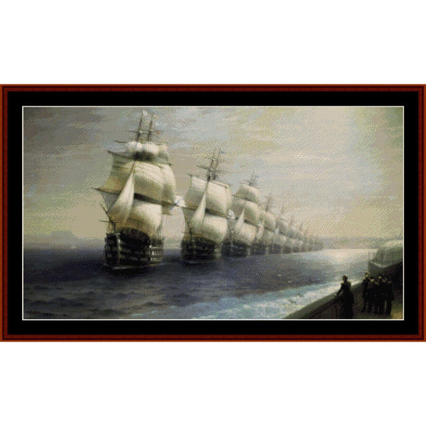 Counted Cross Stitch Pattern: Parade of the Black Sea Fleet by Ivan Aivazovsky - Cross Stitch Collectibles - A framed historical painting depicting a long line of large sailing ships on the ocean under a cloudy sky, with a small group of figures on a dock in the lower right.