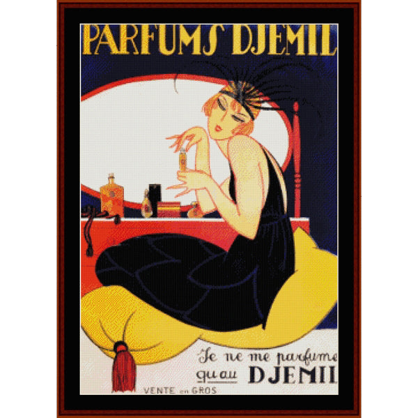 Counted Cross Stitch Pattern: Parfums D’jemil, Vintage Poster - Cross Stitch Collectibles - A framed vintage-style perfume advertisement poster with the text 'PARFUMS DJEMIL' at the top and 'Je ne me parfume quau DJEMII' at the bottom. The artwork shows a seated woman in a black dress on a yellow cushion, with perfume bottles and a red-and-white background.