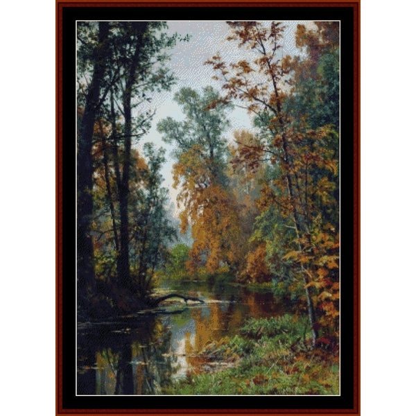 Counted Cross Stitch Pattern: Park in Pavlosk, 1888 by Ivan Shishkin - Cross Stitch Collectibles - A framed landscape painting depicting a calm river winding through a dense forest with autumn foliage in shades of green, yellow, orange, and brown