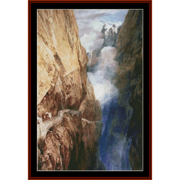 Counted Cross Stitch Pattern: Passage at St. Gothard by J.W. Turner - Cross Stitch Collectibles - A framed landscape art print depicting a deep canyon with towering brown and beige rock walls, a blue river or waterfall flowing through the center, and a white misty sky above.