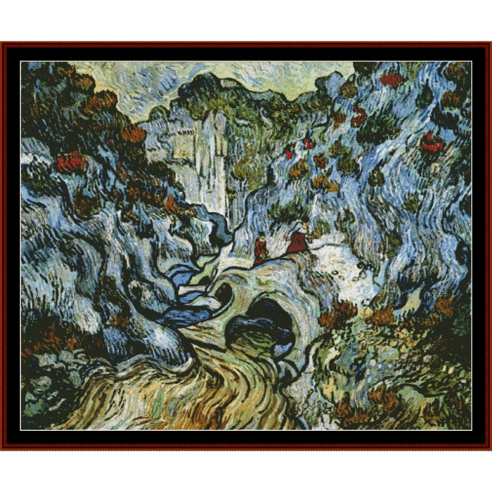 Counted Cross Stitch Pattern: Path Through a Ravine, Poster-size - Vincent Van Gogh - Cross Stitch Collectibles - A framed art print featuring a swirling, impressionistic landscape scene with blue-gray rocks, a winding pale path, and small red and green accents