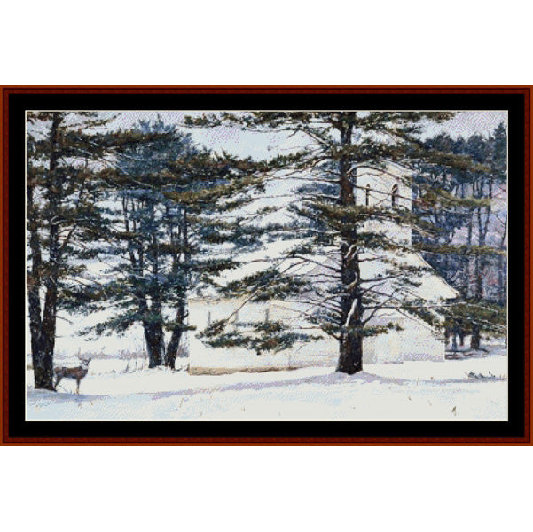 Counted Cross Stitch Pattern: Peace, Americana - Cross Stitch Collectibles - A framed winter landscape artwork showing snow-covered evergreen trees, a small white house, and a deer in the foreground