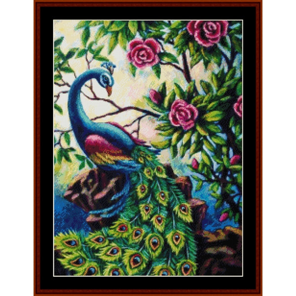 Counted Cross Stitch Pattern: Peacock Garden, Fantasy - Cross Stitch Collectibles - A framed decorative artwork showing a peacock with a bright green and blue tail, surrounded by pink roses and green leaves