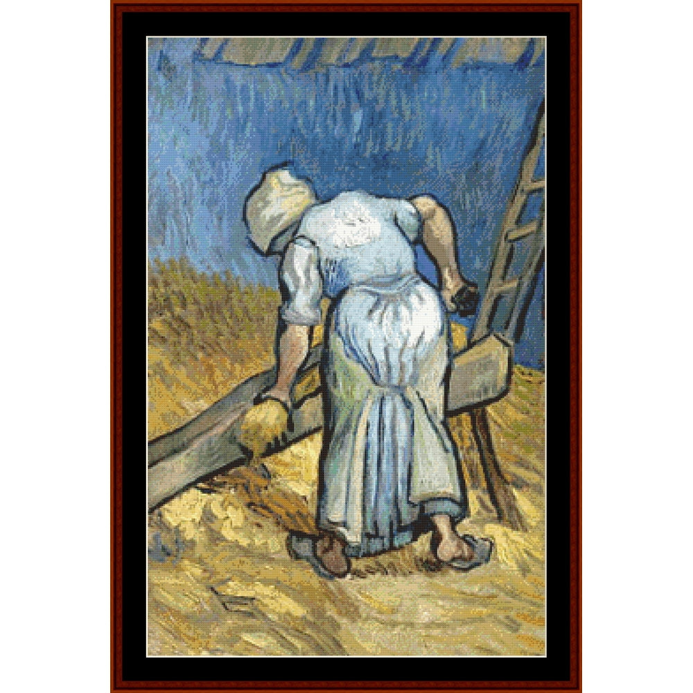 Counted Cross Stitch Pattern: Peasant Woman Bruising Flax by Vincent Van Gogh - Cross Stitch Collectibles - A framed art print featuring Vincent van Gogh's painting of a woman harvesting wheat