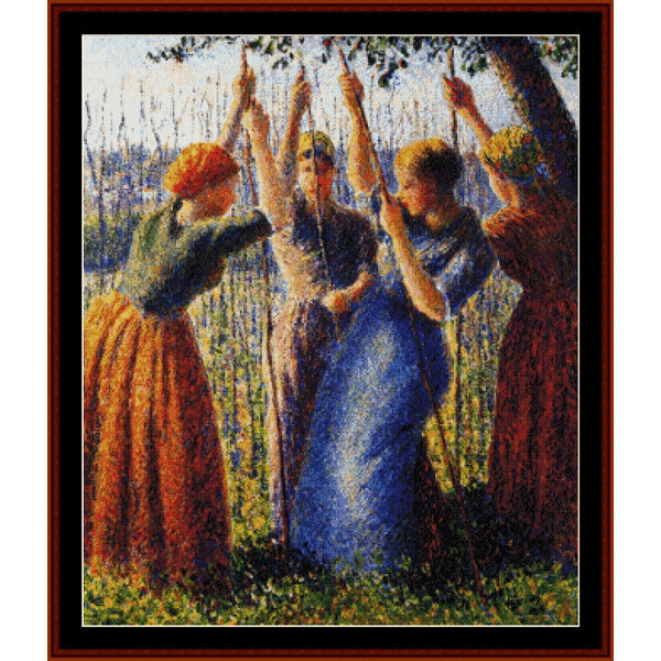 Counted Cross Stitch Pattern: Peasant Women Planting Peas by Camille Pissarro - Cross Stitch Collectibles - A framed art print depicting four women in a field, rendered in an impressionistic painterly style. The women wear colorful dresses in blue, red, green, and brown, reaching toward a tree.