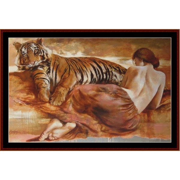Counted Cross Stitch Pattern: Picnic, Fantasy - Cross Stitch Collectibles - A framed art print depicting a tiger lying beside a nude woman draped in brown fabric