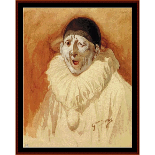 Counted Cross Stitch Pattern: Pierrot Grin by Gustave Dore - Cross Stitch Collectibles - A framed portrait painting of a clown with a white ruffled collar, black hat, and warm orange-brown background