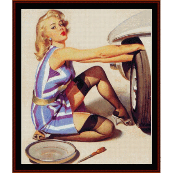 Counted Cross Stitch Pattern: Pin-Up Changing Tire, Vintage Poster - Cross Stitch Collectibles - Vintage-style pin-up illustration of a blonde woman kneeling beside a car tire, wearing a blue and white striped dress and black stockings, with a plate and tool nearby