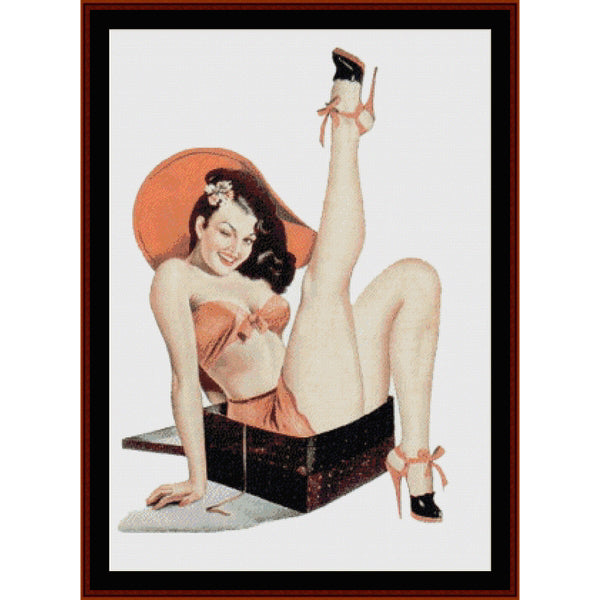 Counted Cross Stitch Pattern: Pin-Up in a Box, Vintage Poster - Cross Stitch Collectibles - A framed vintage-style pinup illustration showing a woman in an orange bikini and hat sitting in a black box, with one leg raised