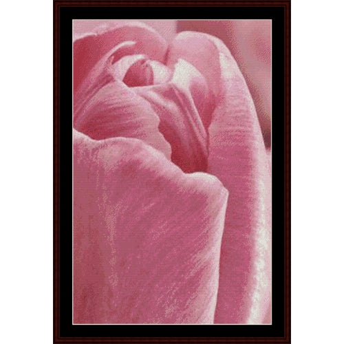 Counted Cross Stitch Pattern: Pink Tulip - Cross Stitch Collectibles - A framed close-up floral artwork showing pink rose petals