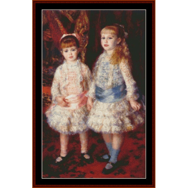 Counted Cross Stitch Pattern: Pink and Blue by Pierre Auguste Renoir - Cross Stitch Collectibles - A framed classical-style portrait painting showing two young girls standing together in ornate dresses, with a dark red background