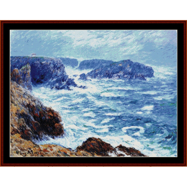 Counted Cross Stitch Pattern: Ponte de la Sirene by Henry Moret - Cross Stitch Collectibles - A framed coastal landscape painting showing blue ocean waves crashing against dark rocky cliffs under a cloudy sky