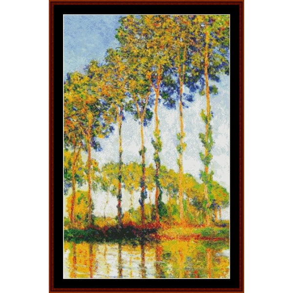 Counted Cross Stitch Pattern: Poplars in Autumn by Claude Monet - Cross Stitch Collectibles - Impressionist-style landscape painting of tall trees with yellow-green foliage and reflections in water