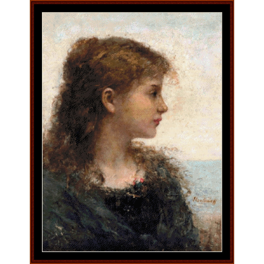 Counted Cross Stitch Pattern: Portrait of a Young Girl by Alexei Harlamoff - Cross Stitch Collectibles - A framed classical portrait painting of a young woman in profile, rendered in soft impressionistic brushstrokes.