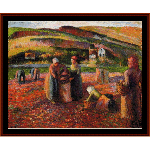 Counted Cross Stitch Pattern: Potato Harvest, 1893 by Camille Pissarro - Cross Stitch Collectibles - A framed impressionist landscape painting depicting three figures in a field with red and orange ground, green hills, and small houses in the background