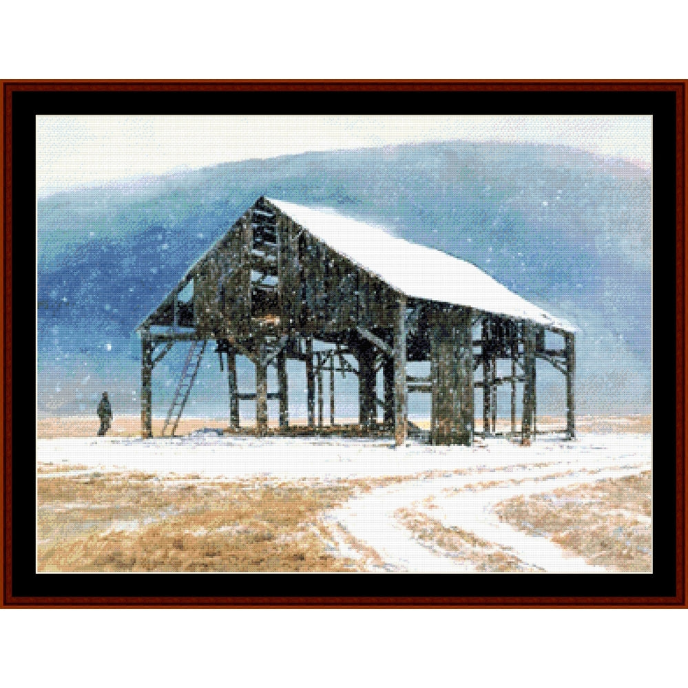 Counted Cross Stitch Pattern: Preservation, Americana - Cross Stitch Collectibles - A framed winter landscape painting showing a snow-covered wooden barn or silo structure in a snowy field, with a blue mountain or hill in the background and a small figure near the left side.