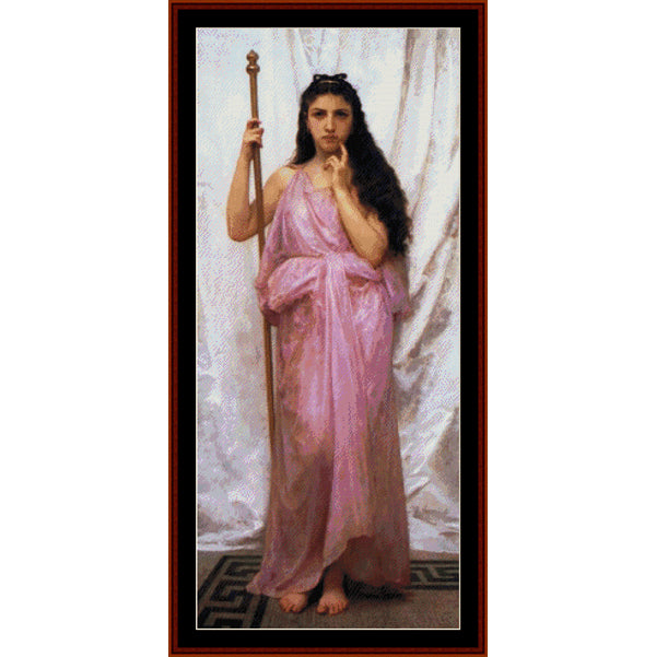 Counted Cross Stitch Pattern: Priestess, 1902 by William Bouguereau - Cross Stitch Collectibles - A framed art print depicting a classical scene of a woman in a flowing pink gown holding a staff, set against a draped white backdrop.