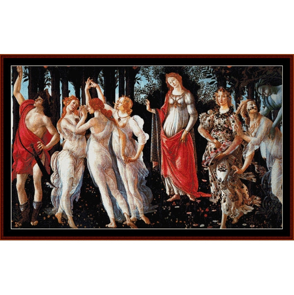 Counted Cross Stitch Pattern: Primavera by Sandro Botticelli - Cross Stitch Collectibles - A framed art print featuring a classical painting of seven mythological female figures in a forest scene, with one figure draped in red and another in a spotted dog costume, set against a dark background