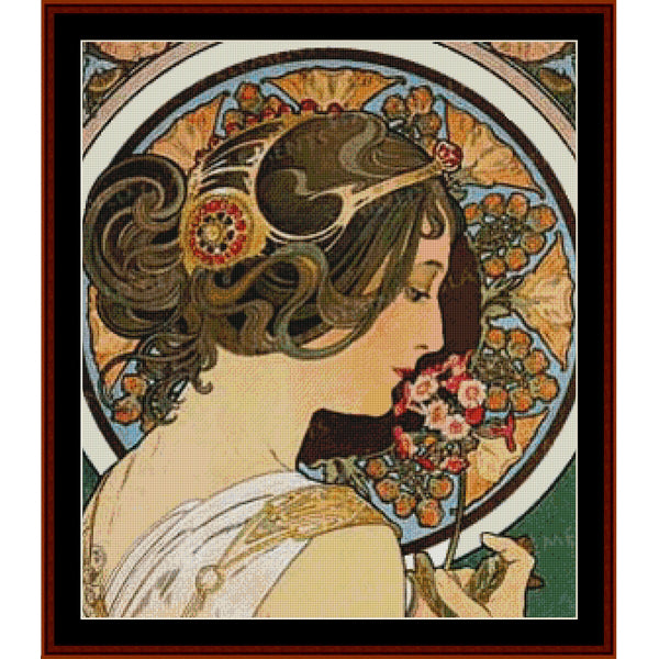 Counted Cross Stitch Pattern: Primrose, Detail by Alphonse Mucha - Cross Stitch Collectibles - An Art Nouveau style framed artwork featuring a woman in profile with ornate hair, floral motifs, and a decorative border.