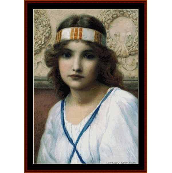 Counted Cross Stitch Pattern – Purity by Henry Ryland - Cross Stitch Collectibles - A framed vintage portrait print showing a young woman with brown hair, a white headband with orange stripes, and a white dress with blue trim, set against a decorative beige background.