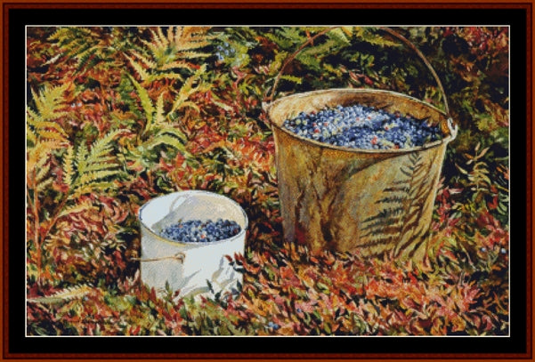 Counted Cross Stitch Pattern – Quart Pail, Americana - Cross Stitch Collectibles - A framed art print depicting two metal buckets filled with blueberries resting on a forest floor covered in red and green autumn leaves and ferns.