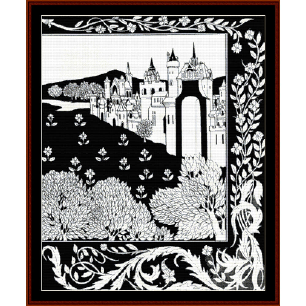Counted Cross Stitch Pattern – Queen Guinevere by Aubrey Beardsley - Cross Stitch Collectibles - A square black and white art print or decorative panel featuring a castle on a hill with ornate floral borders around the edges