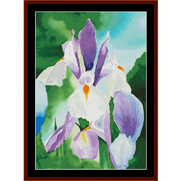 Counted Cross Stitch Pattern – Queen of the Garden, Floral - Cross Stitch Collectibles - A framed floral artwork showing large white and lavender iris flowers with green leaves and a light blue sky background