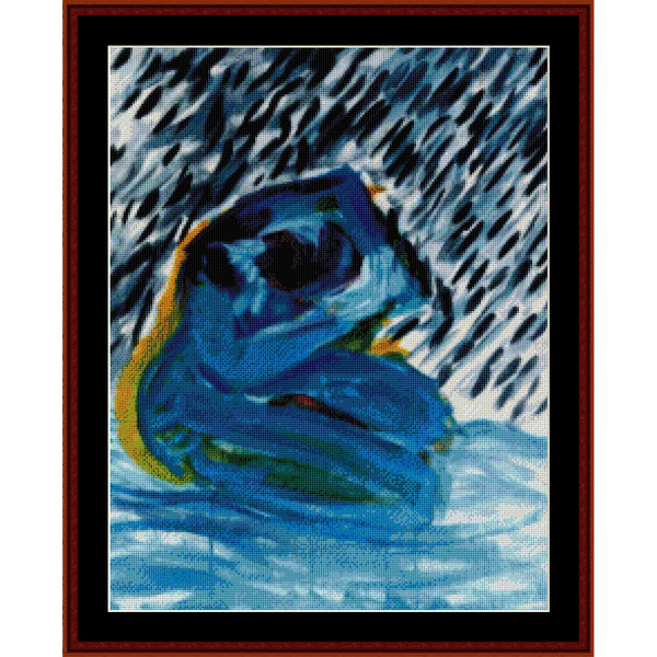 Counted Cross Stitch Pattern – Rain, Expressionist - Cross Stitch Collectibles - A framed abstract painting featuring a crouched blue figure with black, white, and blue brushstrokes