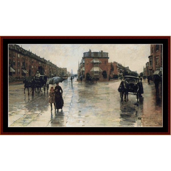Counted Cross Stitch Pattern – Rainy Day in Boston by Frederick Childe-Hassam - Cross Stitch Collectibles - A framed impressionist-style painting of a rainy city street with horse-drawn carriages, pedestrians under umbrellas, and brick buildings on both sides