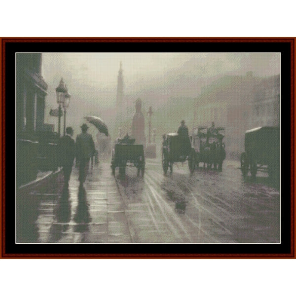Counted Cross Stitch Pattern β Rainy Waterloo Place, London, 1899 - Cross Stitch Collectibles - A framed vintage-style street scene artwork showing horse-drawn carriages, pedestrians with umbrellas, and a rainy city street in muted gray-green tones