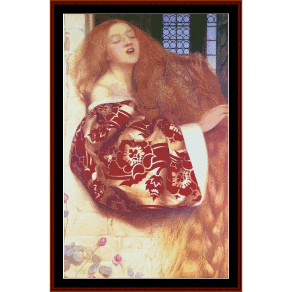 Counted Cross Stitch Pattern – Rapunzel by Frank C. Cowper - Cross Stitch Collectibles - A framed art print featuring a vintage-style painting of a woman with long red hair, wearing a red and white patterned dress, set against a light stone wall.