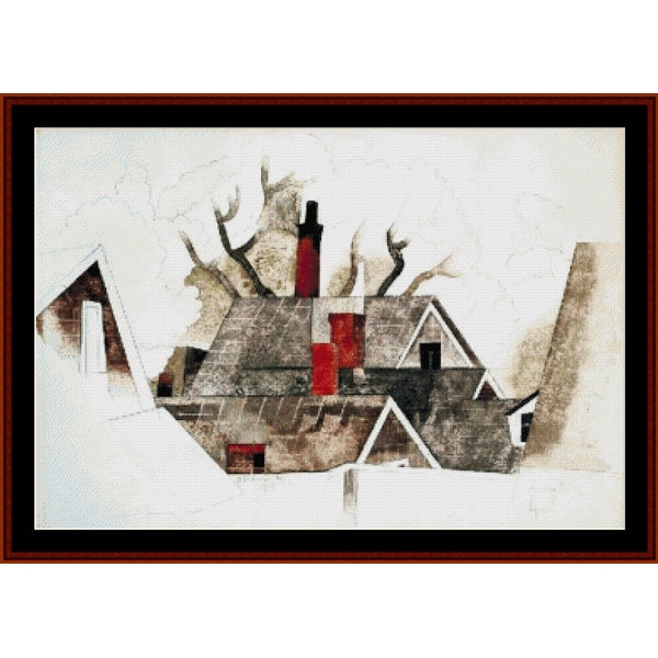 Counted Cross Stitch Pattern – Red Chimneys, 1918 by Charles Demuth - Cross Stitch Collectibles - Framed abstract artwork depicting stylized houses with red accents, rendered in a textured collage-like style