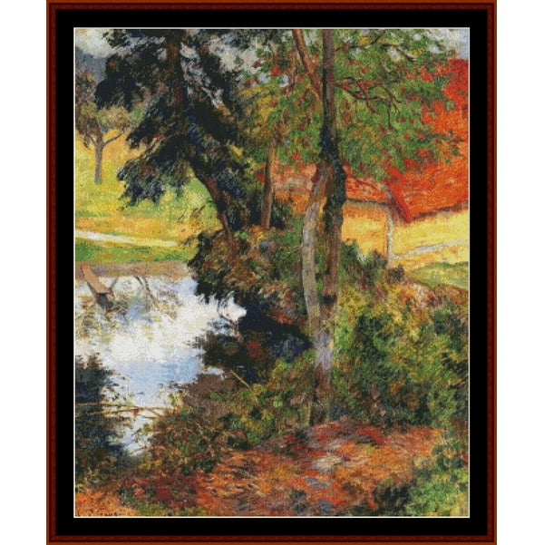 Counted Cross Stitch Pattern – Red Roof by the Water, 1885 by Paul Gauguin - Cross Stitch Collectibles - A framed landscape painting depicting a tree-lined riverbank with green and orange foliage, a small boat on the water, and a pale building in the background