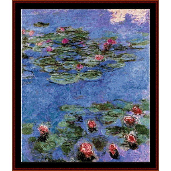 Counted Cross Stitch Pattern – Red Waterlilies by Claude Monet - Cross Stitch Collectibles - Claude Monet's Water Lilies painting print, featuring green lily pads and pink water lilies on a blue water background