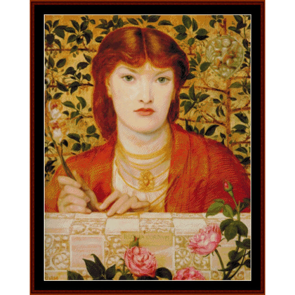 Counted Cross Stitch Pattern – Regina Cordium by Dante Gabriel Rosetti - Cross Stitch Collectibles - A framed portrait artwork showing a woman with red hair, wearing a red-orange robe and gold necklace, seated at a table with flowers and ornate patterns in the background.