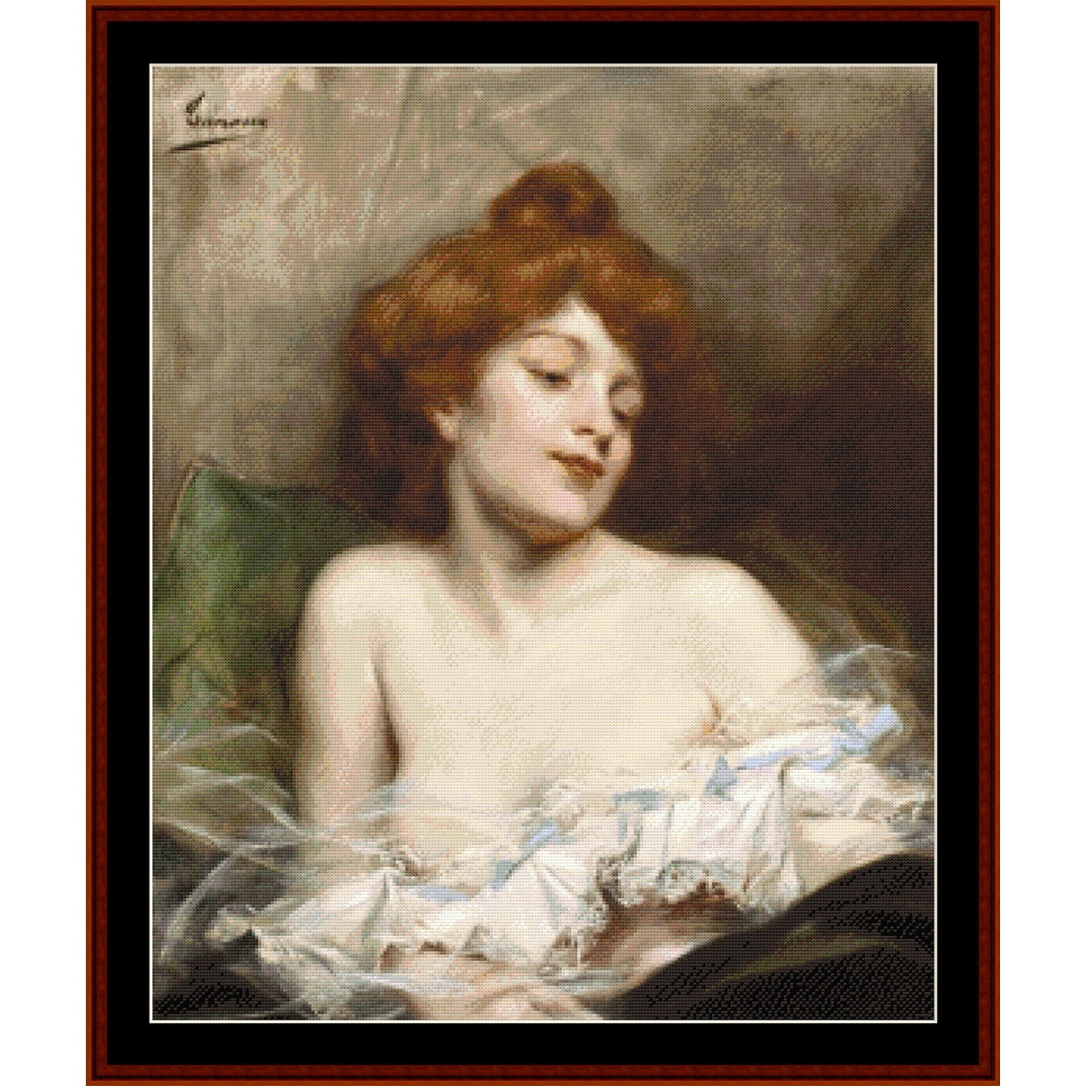 Counted Cross Stitch Pattern – Reverie by Adrien H. Tanoux - Cross Stitch Collectibles - A framed classical painting depicting a young woman with reddish-brown hair, wearing a white ruffled garment
