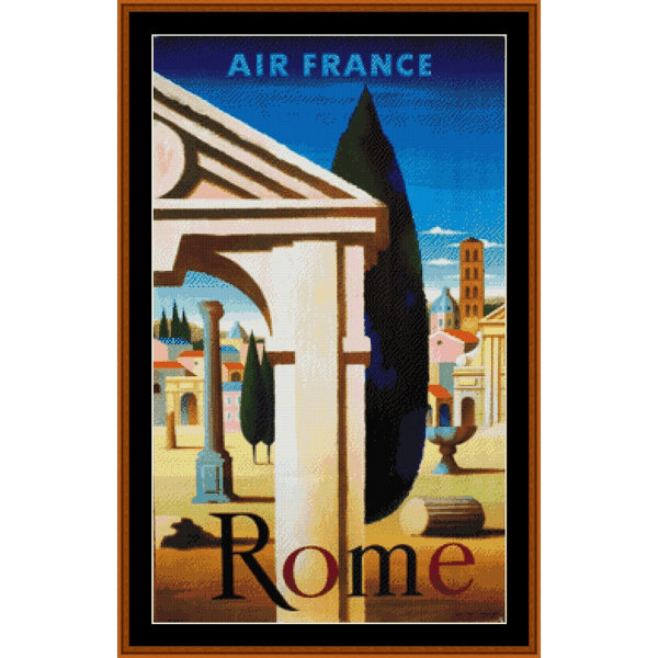 Counted Cross Stitch Pattern – Rome, Vintage Poster - Cross Stitch Collectibles - Vintage-style framed poster artwork reading 'AIR FRANCE Rome,' showing an architectural scene with columns, a cypress tree, and warm-toned buildings under a blue sky.
