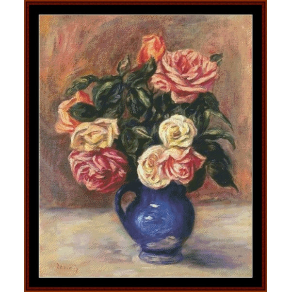 Counted Cross Stitch Pattern โ Roses in a Blue Vase โ Pierre Auguste Renoir - Cross Stitch Collectibles - A framed still life painting of a bouquet of pink, cream, and red roses in a glossy blue vase, set against a warm brown background.