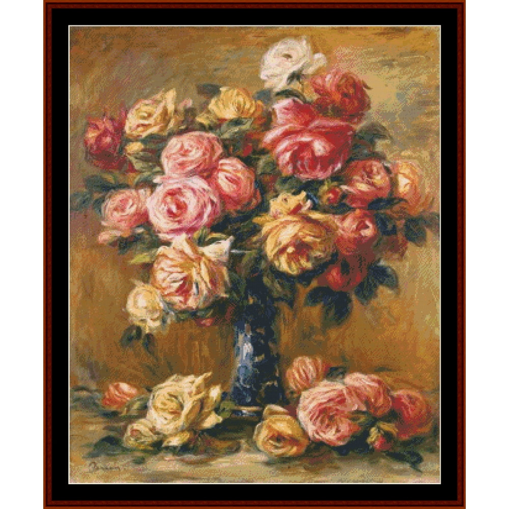 Counted Cross Stitch Pattern – Roses in a Vase by Pierre Auguste Renoir - Cross Stitch Collectibles - A framed still life painting of a bouquet of pink, red, cream, and yellow roses in a dark blue vase, set against a warm brown background