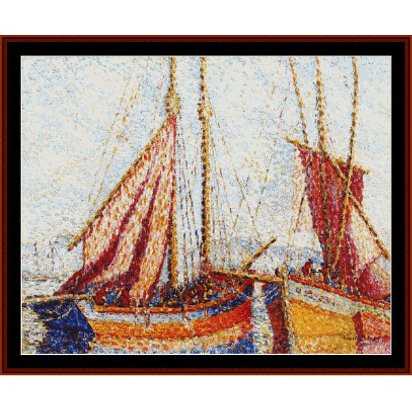 Counted Cross Stitch Pattern – Sailboats by H.E. Cross - Cross Stitch Collectibles - A framed art print depicting a pointillist painting of two sailboats with red and orange sails on a light blue water background